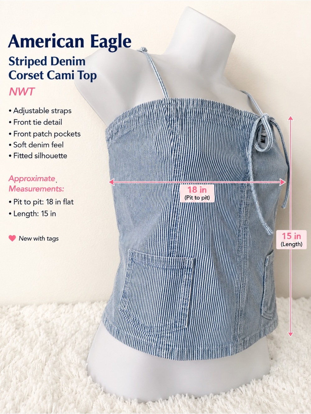 American Eagle Striped Denim Corset Cami Top NWT Blue White - Picture 2 of 3